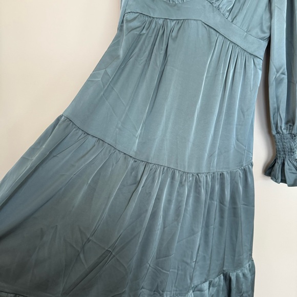 Zahraa The Label Long Sleeve Smocked Tiered Maxi Dress in French Blue Satin - Picture 6 of 8